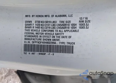 2017 Honda Ridgeline Rts from USA, damaged, VIN 5FPYK3F4XHB022956